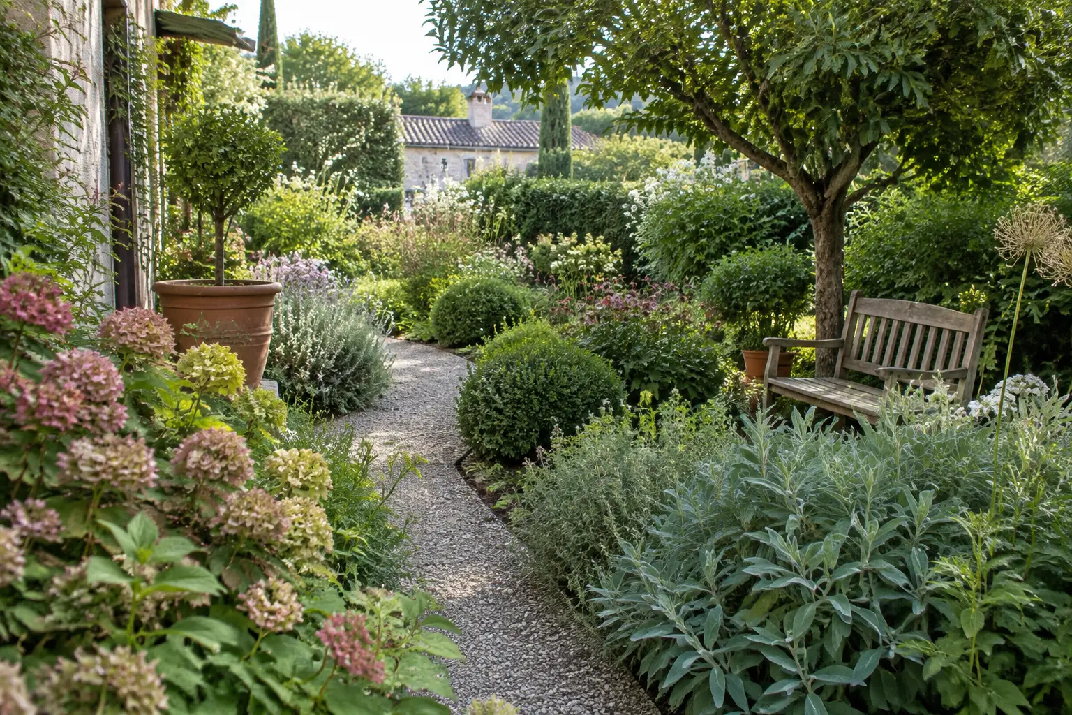 Sentiero tra aiuole e panchina in un giardino, immagine generata